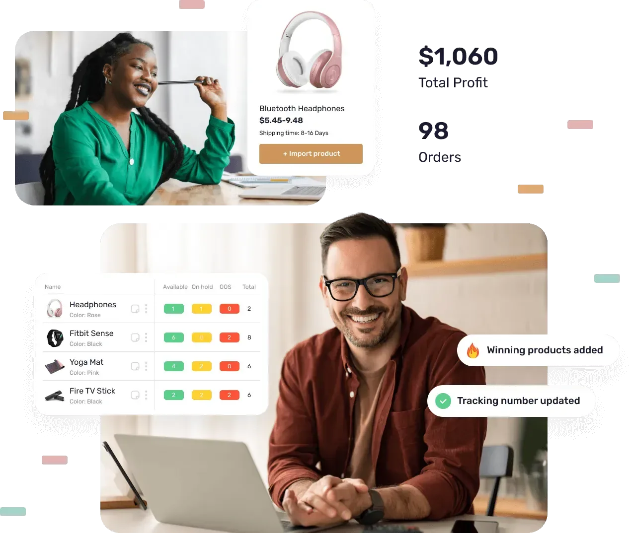 Sellers at work beside product sourcing cards, a profit total and a live inventory table