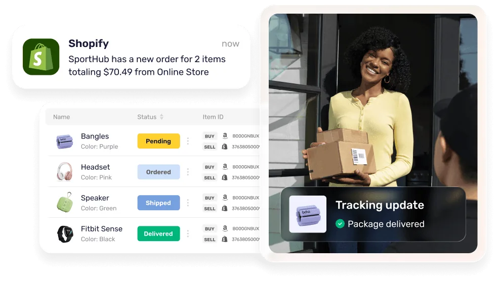 Order pipeline showing statuses from pending through to a delivered package