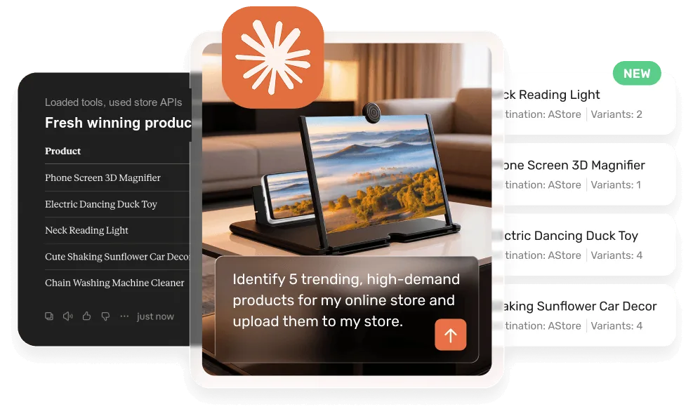 Product research view listing trending products being added to a store