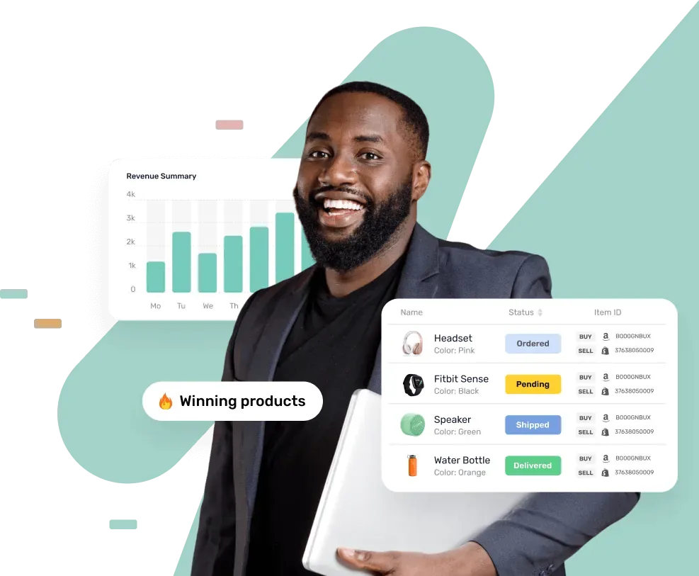 Client reviewing a revenue summary chart alongside a live order status table
