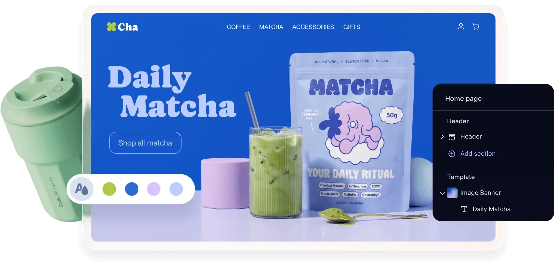 Storefront editor showing a branded product landing page being built