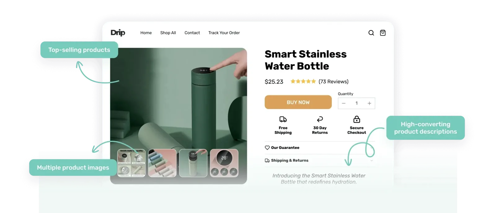 One of the branded storefronts we operate, showing a product page with reviews and shipping terms